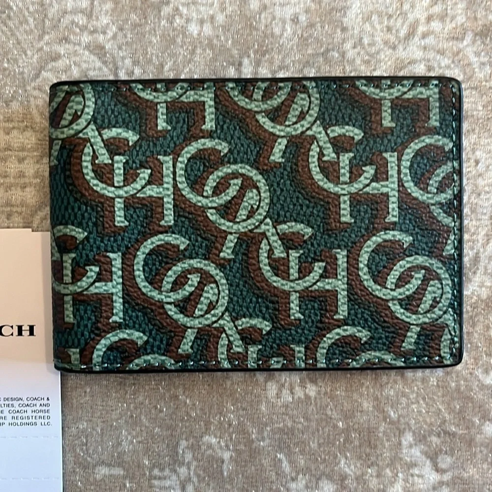 Brand New Coach Genuine Leather 3 in 1 Monogram Amazon Green Wallet & ID Insert